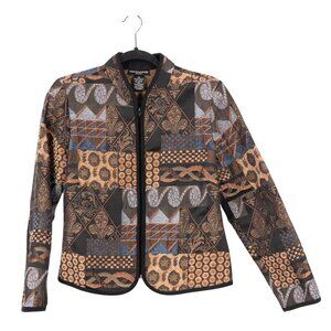 Molly & Maxx Tapestry Blazer Jacket Petite PS Womens Patchwork Brown Blue Zip